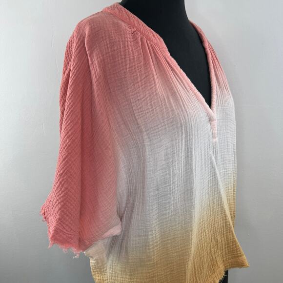 YFB Young Fabulous & Broke Orange Ombre Cotton Gauze V-Neck Tee Distressed S/M - Picture 5 of 9